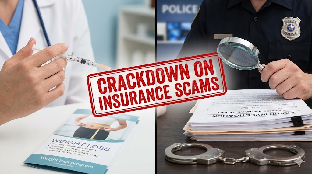 경찰청 로고와 수갑, 돈다발, 병원 간판, 법봉이 함께 있는 모습으로 보험사기 단속을 상징