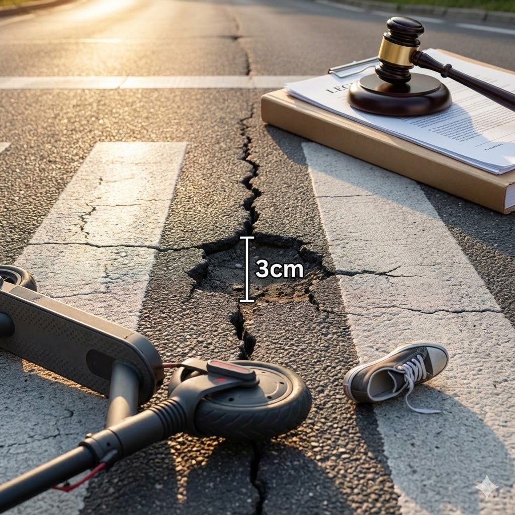 횡단보도 파손 부위와 전동킥보드 사고 현장, 그리고 법봉이 함께 있는 모습