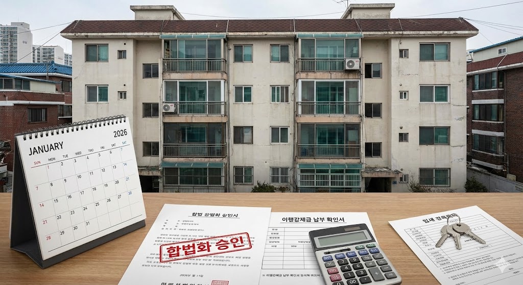 오래된 다가구 주택 건물을 배경으로 합법화 승인 도장이 찍힌 서류와 계산기, 그리고 2026년 달력이 놓여 있는 이미지