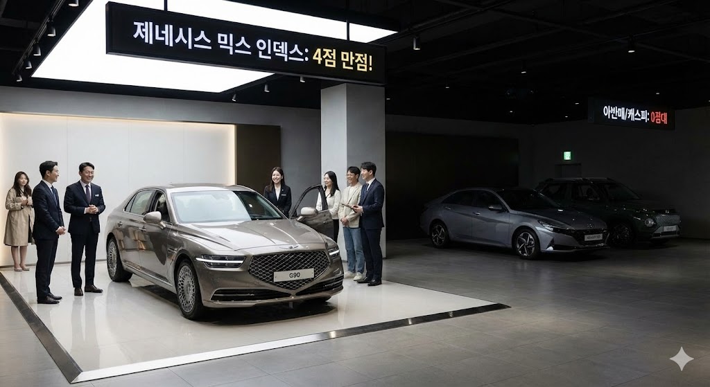 현대자동차 매장에 제네시스 차량이 화려한 조명을 받으며 전시되어 있고 그 뒤편 그늘진 곳에 아반떼와 캐스퍼가 작게 보이는 대비된 이미지