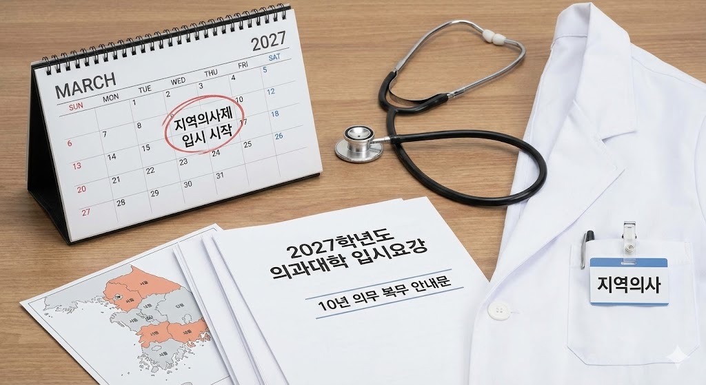 대한민국 지도 위에 청진기와 의사 가운이 놓여 있고 2027년 달력과 입시 요강 서류가 펼쳐져 있는 모습