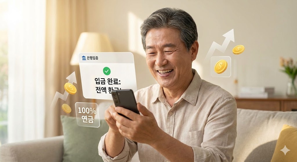 밝은 표정의 60대 은퇴자가 스마트폰을 들고 입금 내역을 확인하며 기뻐하는 모습. 배경은 따뜻한 햇살이 비치는 거실. 스마트폰 화면이나 배경에 '전액 환급' 또는 '연금 100%'를 상징하는 코인 아이콘이나 상승 화살표 그래픽이 은은하게 떠 있는 이미지.