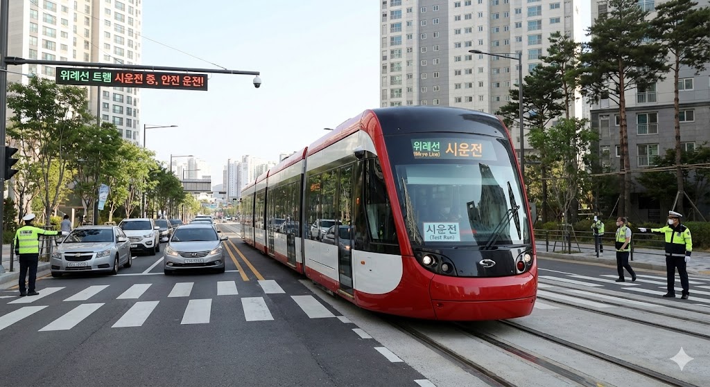 서울 도심 도로 위 선로를 달리고 있는 위례선 트램의 시운전 현장 모습