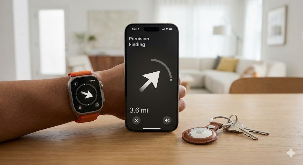 아이폰 화면에 실행된 정밀 찾기 기능과 그 옆에 놓인 새로운 애플 에어태그 2세대 제품 이미지