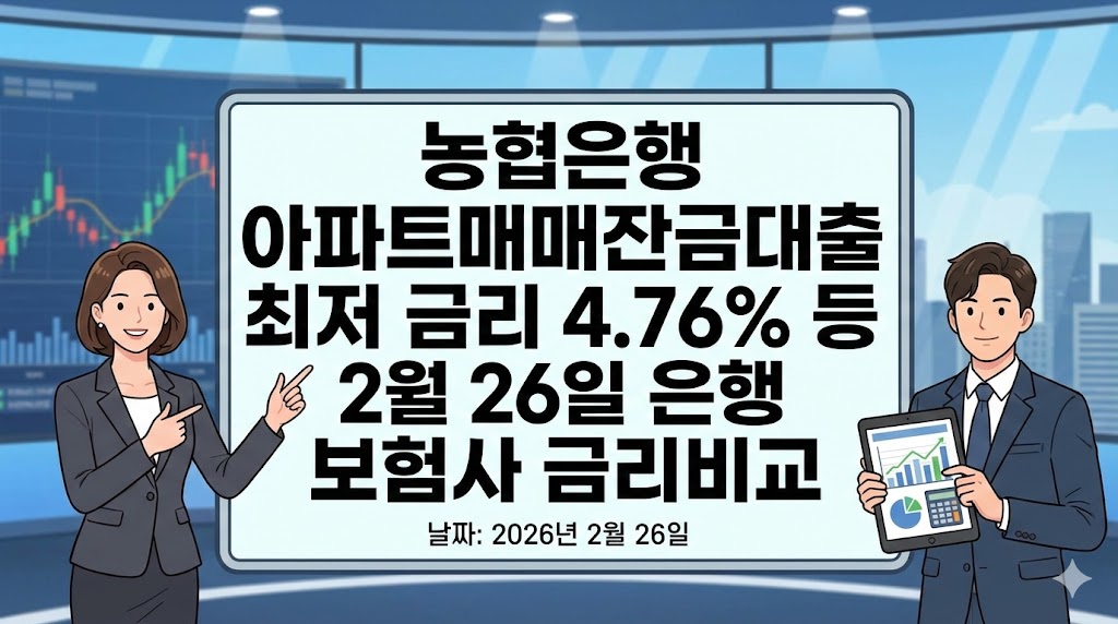 농협은행 아파트매매잔금대출 최저 금리 4.76% 등 2월 26일 은행 보험사 금리비교 농협은행 아파트매매잔금대출 최저 금리 4.76% 등 2월 26일 은행 보험사 금리비교