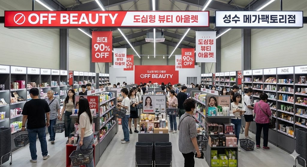 오프뷰티 매장 내부 진열대에 다양한 할인 화장품이 진열되어 있고 쇼핑객들이 제품을 고르는 모습