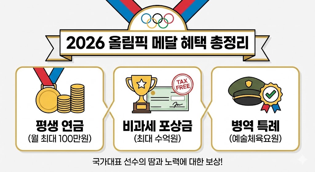 올림픽 메달 연금 포상금 군면제 혜택 2026년 최신 기준 완벽 정리 올림픽 금메달과 포상금 명세서 그리고 군면제 혜택을 설명하는 인포그래픽 문서
