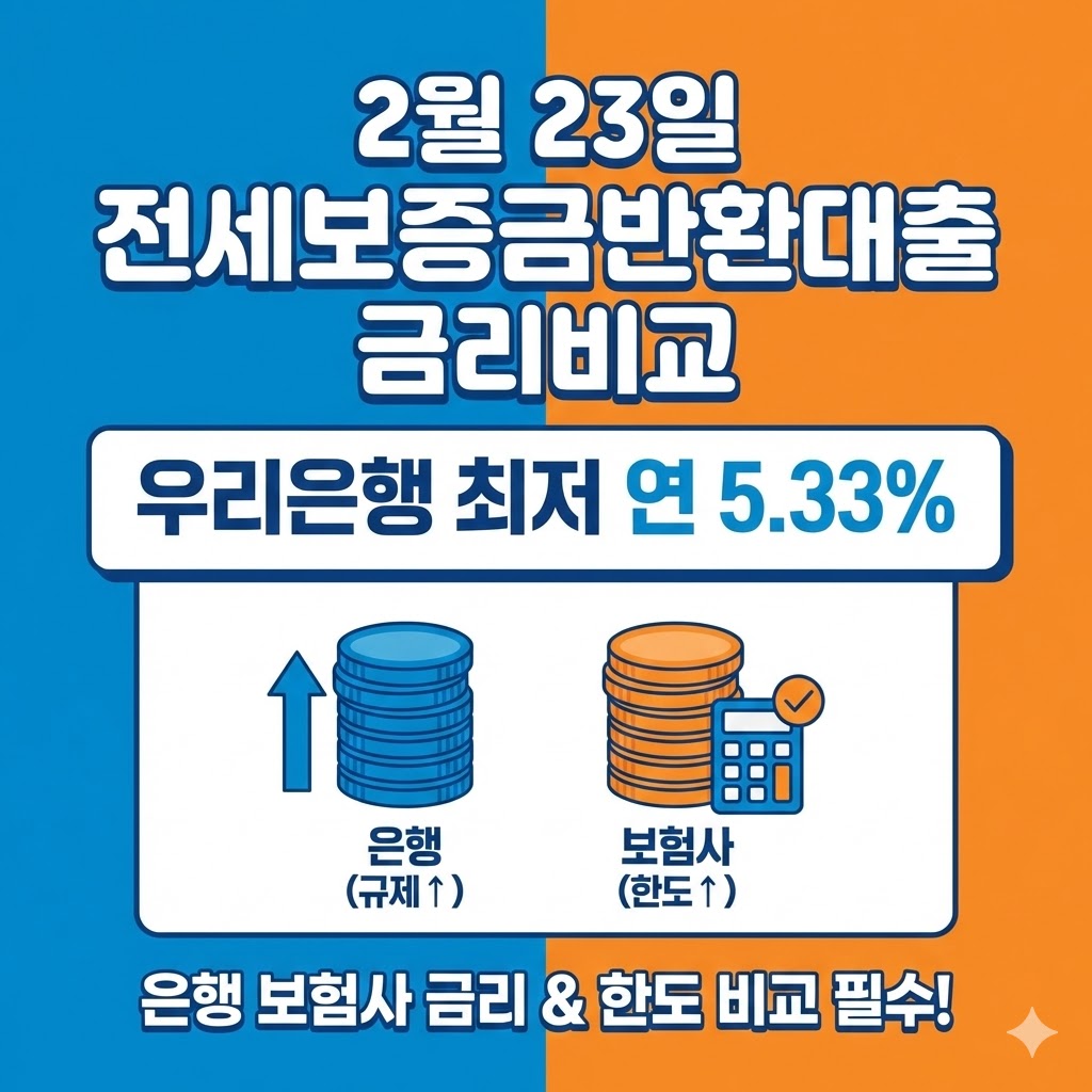 우리은행 전세보증금반환대출 최저 금리 5.33% 등 2월 23일 은행 보험사 금리비교 우리은행 전세보증금반환대출 최저 금리 5.33% 등 2월 23일 은행 보험사 금리비교