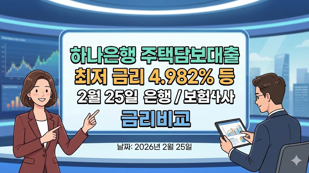 하나은행 주택담보대출 최저 금리 4.982% 등 2월 25일 은행 보험사 금리비교 하나은행 주택담보대출 최저 금리 4.982% 등 2월 25일 은행 보험사 금리비교