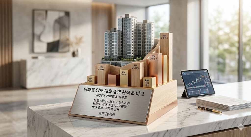 현대적인 아파트 단지의 정교한 건축 모델과 물리적인 금융 데이터 기호(스타일링된 바 차트)를 결합한 프리미엄 조각 전시물 이미지