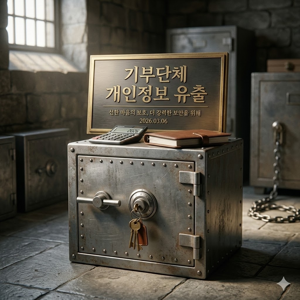 기부단체 개인정보 유출 원인과 2026년 대책 마련 가이드 굳게 닫힌 철제 금고 위에 기부단체 개인정보 유출 문구가 새겨진 차가운 금속 명패가 놓여 있는 모습