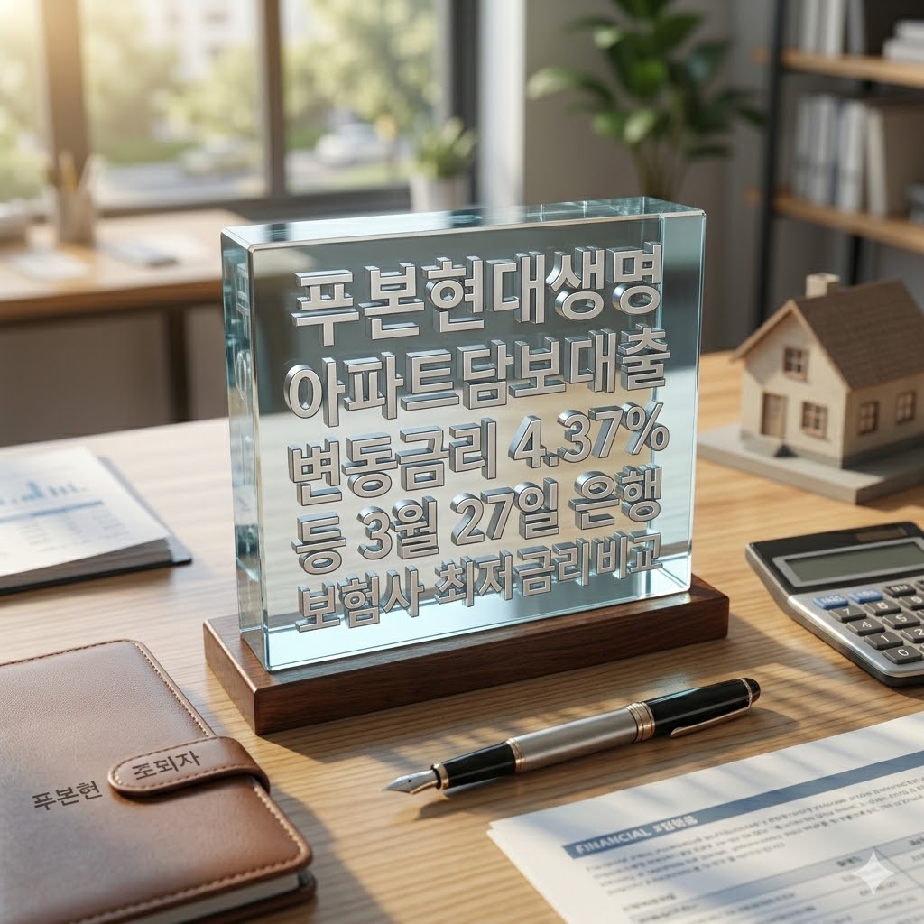 [모기지투데이] 푸본현대생명 아파트담보대출 변동금리 4.37% 등 3월 27일 은행 보험사 최저 금리 비교