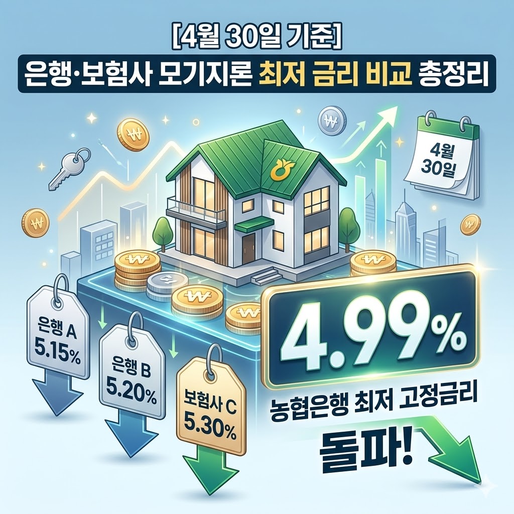 [4월 30일 기준] 농협은행 4.99% 고정금리 등 주택 모기지론 은행·보험사 최저 금리 비교 총정리