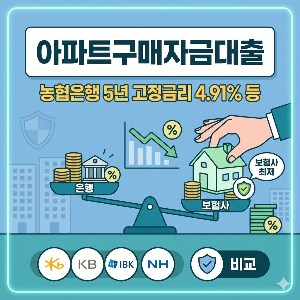 농협은행 아파트구매자금대출 5년 고정금리 4.91% 등 4월 10일 은행 보험사 최저 금리 비교 농협은행 아파트구매자금대출 5년 고정금리 4.91% 등 4월 10일 은행 보험사 최저 금리 비교