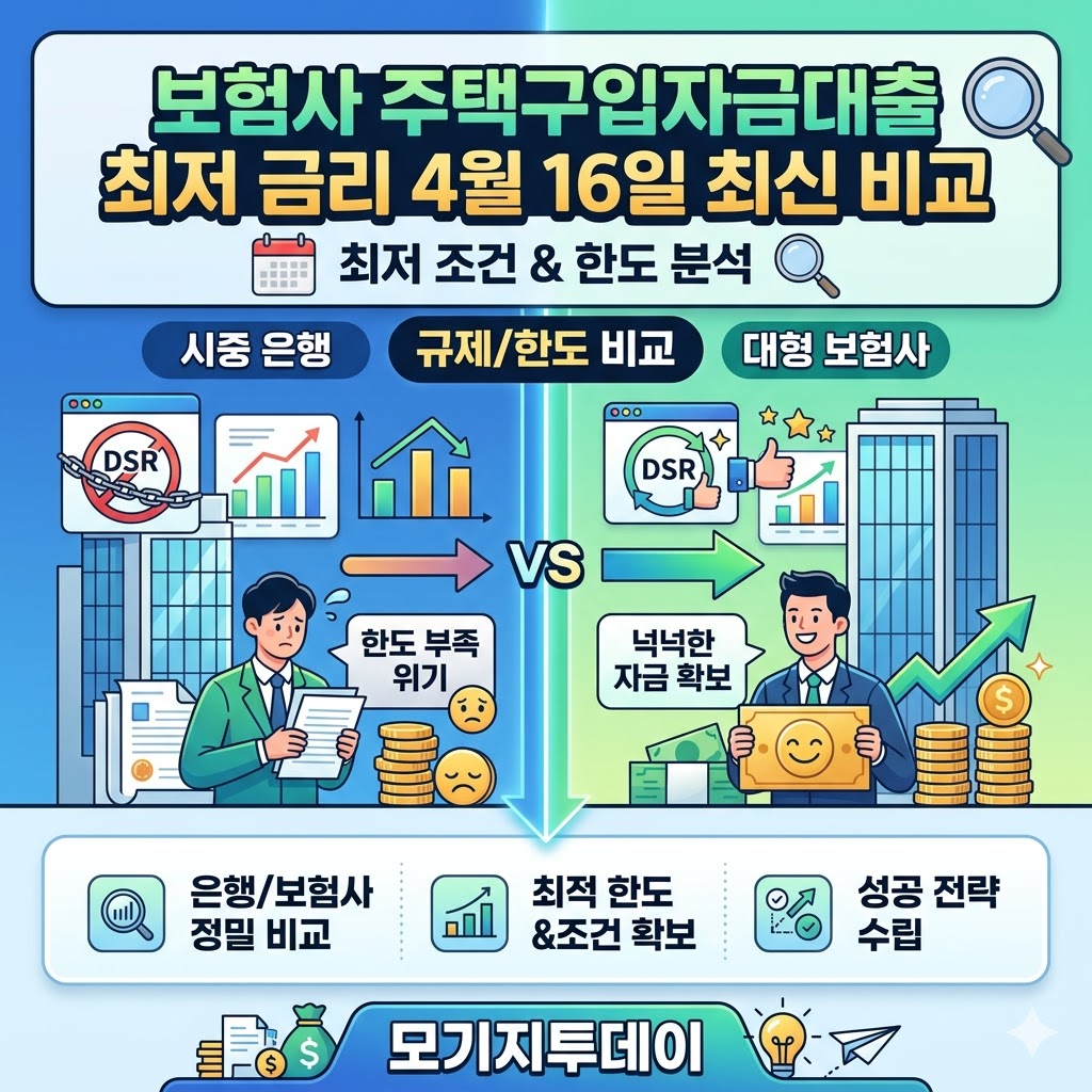 보험사 주택구입자금대출 최저 금리 등 4월 16일 은행별 보험사별 최저 금리 비교