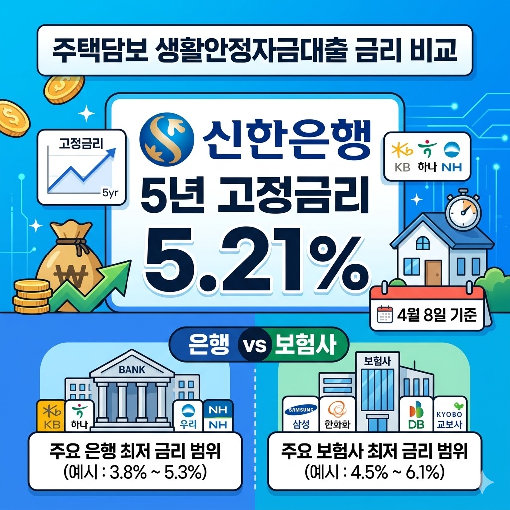 신한은행 주택담보생활안정자금대출 5년 고정금리 5.21% 등 4월 8일 은행 보험사 최저 금리 비교 신한은행 주택담보생활안정자금대출 5년 고정금리 5.21% 등 4월 8일 은행 보험사 최저 금리 비교