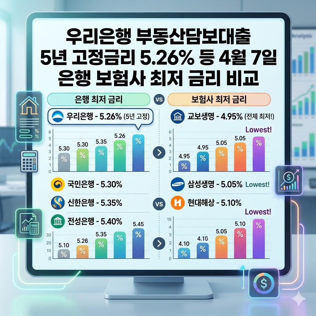 우리은행 부동산담보대출 5년 고정금리 5.26% 등 4월 7일 은행 보험사 최저 금리 비교 우리은행 부동산담보대출 5년 고정금리 5.26% 등 4월 7일 은행 보험사 최저 금리 비교