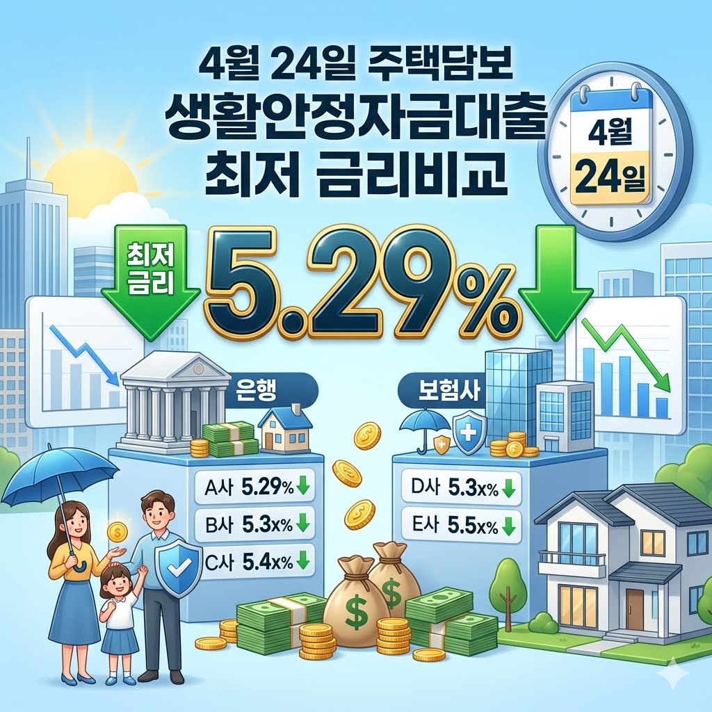 우리은행 주택담보 생활안정자금대출 금리 5.29% 등 4월 24일 은행 보험사 최저 금리비교