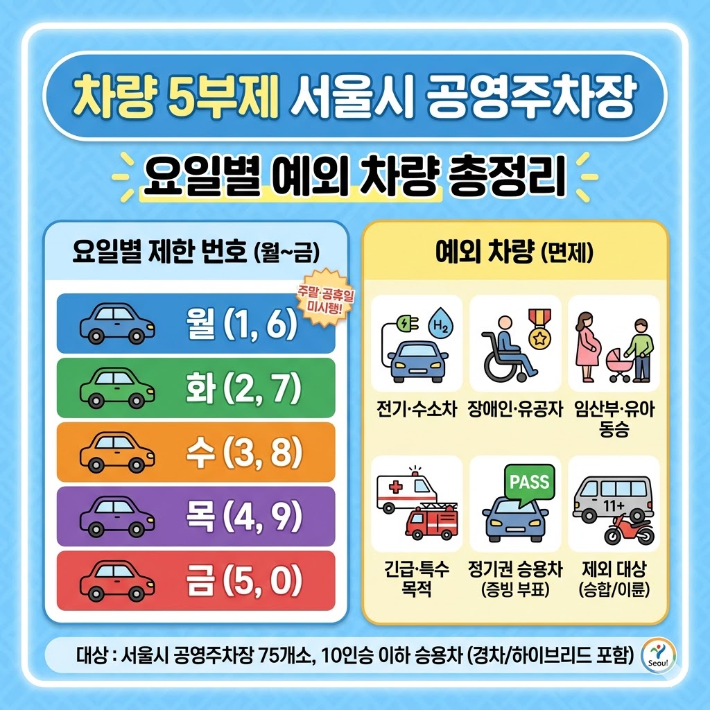 차량 5부제 서울시 공영주차장 요일별 예외 차량 총정리 차량 5부제 서울시 공영주차장 요일별 예외 차량 총정리