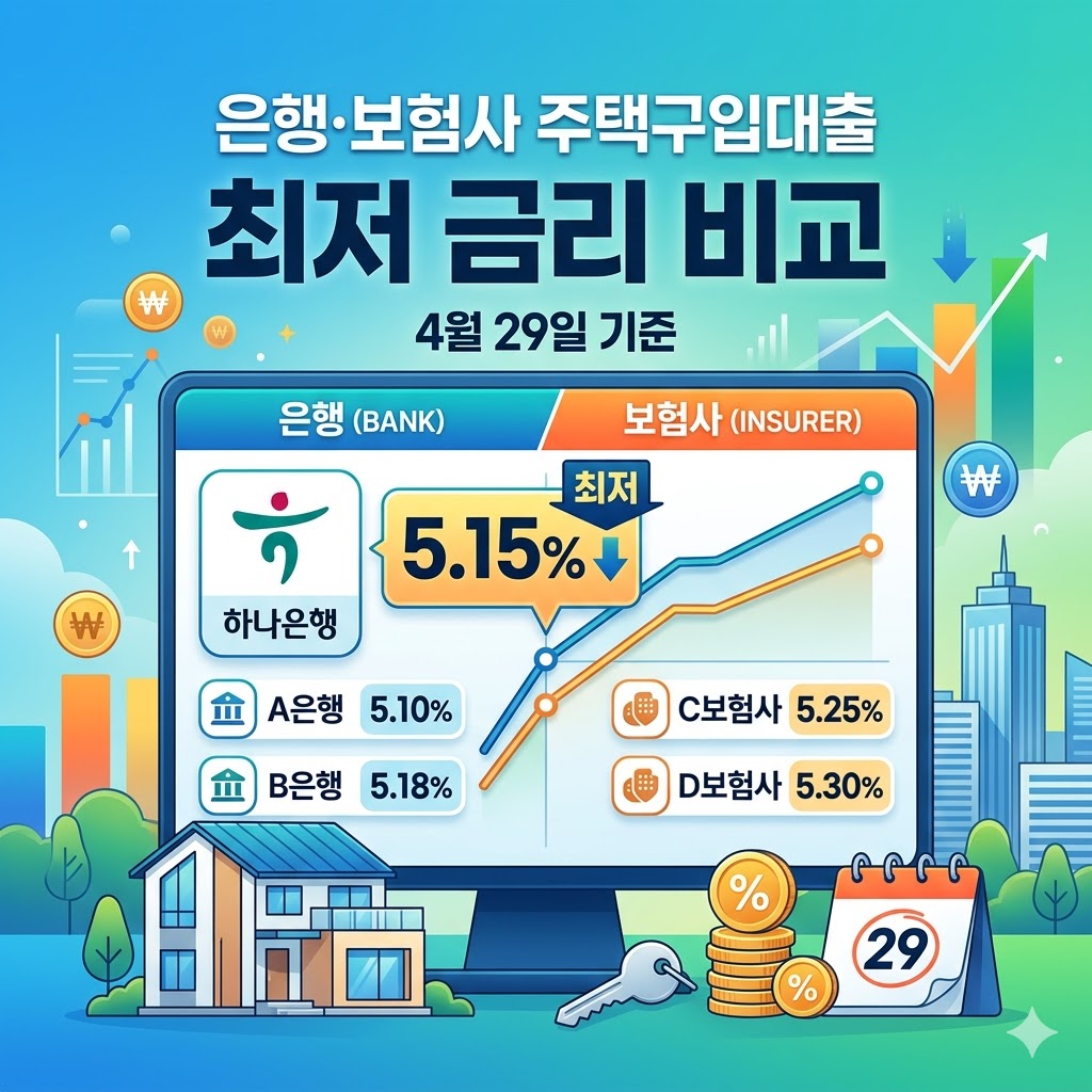 하나은행 주택구입자금대출 금리 5.15% 등 4월 29일 은행 보험사 최저 금리비교
