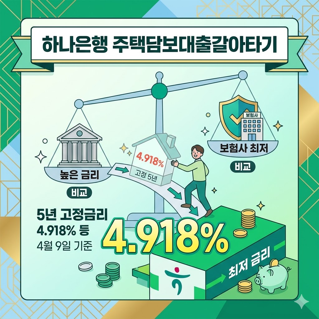 하나은행 주택담보대출갈아타기 5년 고정금리 4.918% 등 4월 9일 은행 보험사 최저 금리 비교 하나은행 주택담보대출갈아타기 5년 고정금리 4.918% 등 4월 9일 은행 보험사 최저 금리 비교