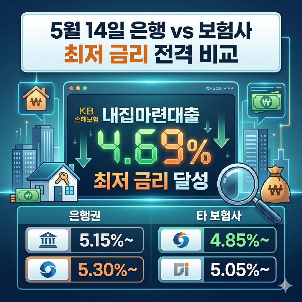 kb손해보험 내집마련대출 금리 4.69% 등 5월 14일 은행 보험사 최저 금리비교