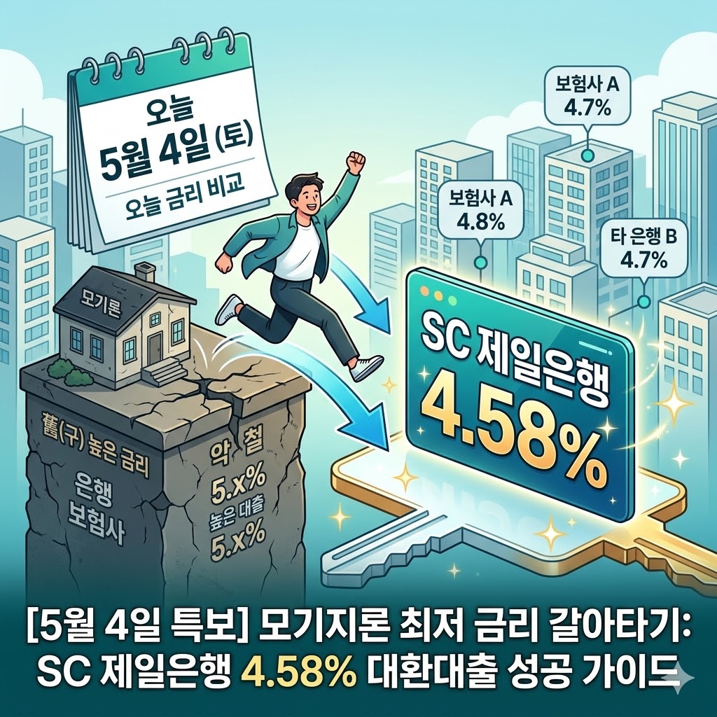 sc 제일은행 아파트담보대출 갈아타기(대환대출) 금리 4.58% 등 5월 4일 은행 보험사 최저 금리비교