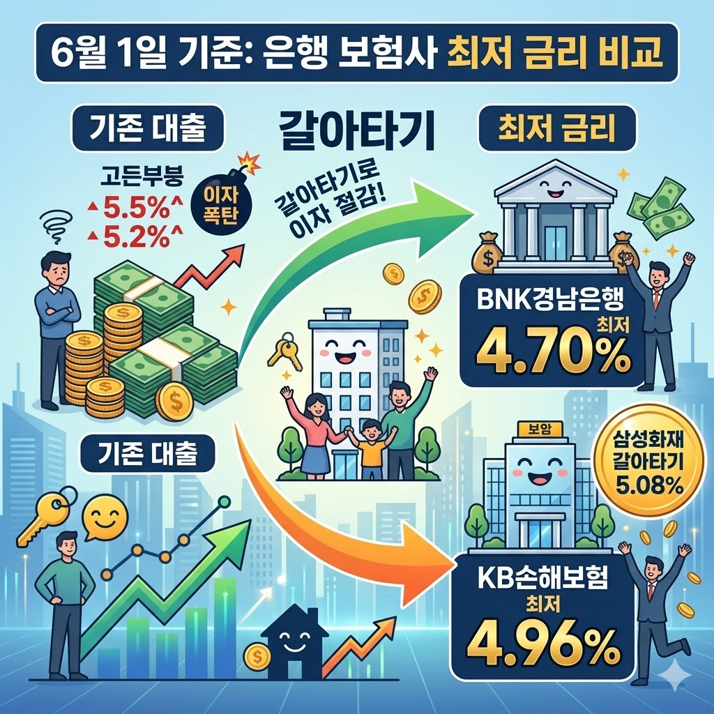 삼성화재 아파트담보대출 갈아타기 금리 5.08% 등 6월 1일 은행 보험사 최저 금리 비교 삼성화재 아파트담보대출 갈아타기 금리 5.08% 등 6월 1일 은행 보험사 최저 금리 비교